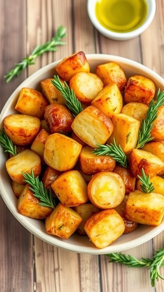 Crispy Air Fryer Rosemary Potatoes Recipe Crispy air fryer rosemary potatoes in a bowl, garnished with rosemary, on a rustic table.